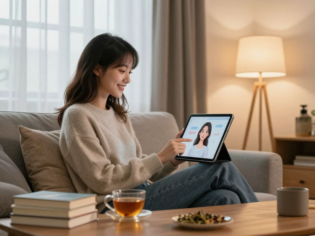 Engaging moment with an AI girlfriend on a tablet in a cozy living room, capturing connection and warmth.
