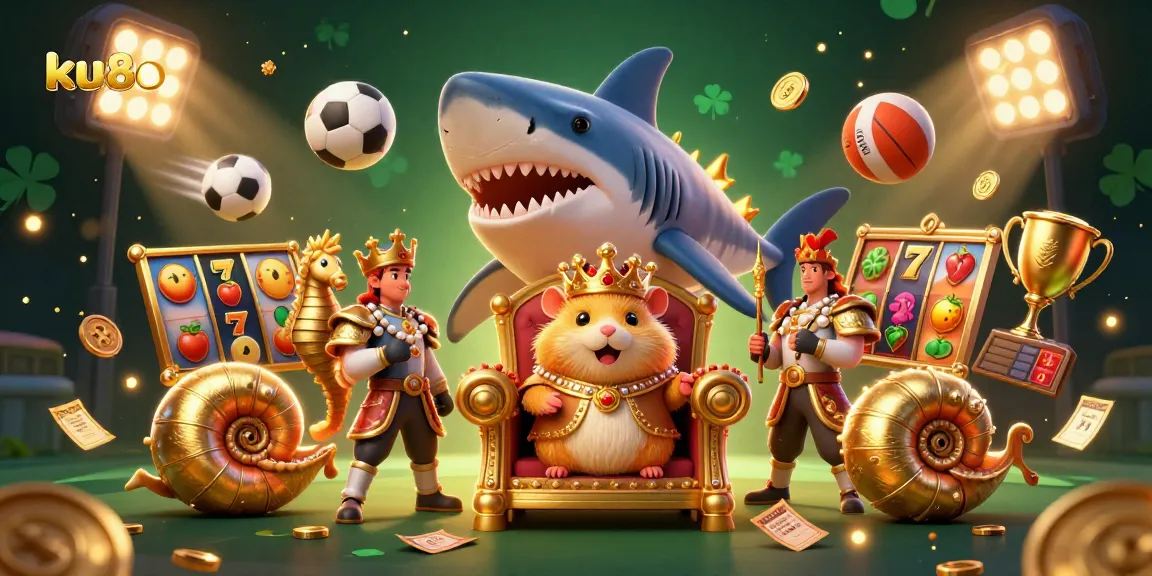 Experience thrilling games at ku88 with a vibrant 3D illustration of a golden hamster king in a casino-themed scene.