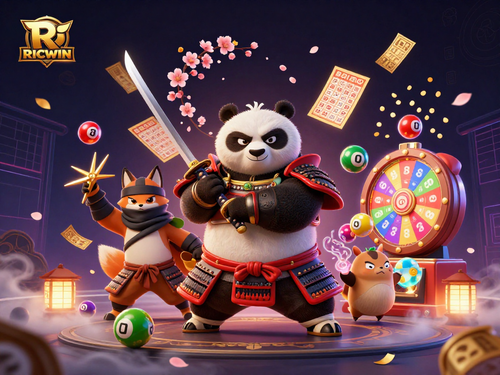 Win big with RICWIN's thrilling lottery scene featuring dynamic characters and energetic game elements.