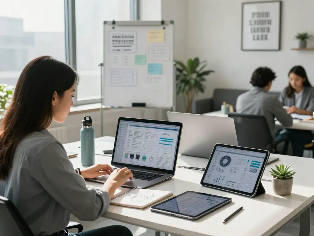 Focused professional in a modern office trying out new ideas and data on a laptop surrounded by design materials.