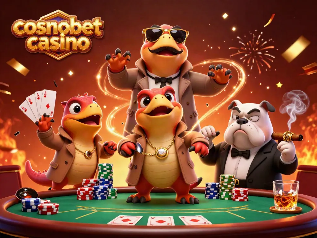 Enjoy a thrilling moment at cosmobet casino with raptors in disguise entering a VIP lounge.