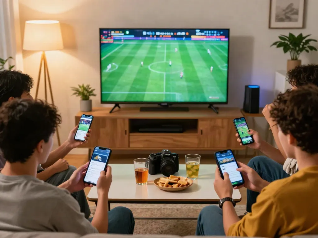 Friends using the 11bet app while watching sports in a cozy living room.