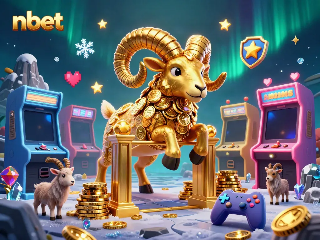 Experience the vibrant world of nbet with a golden ram charging into entertainment, surrounded by arcade game elements.