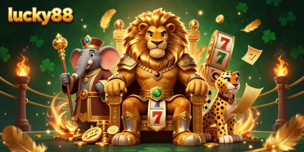 Join the adventure with lucky88 as a lion king sits on golden coins in a vibrant 3D casino.