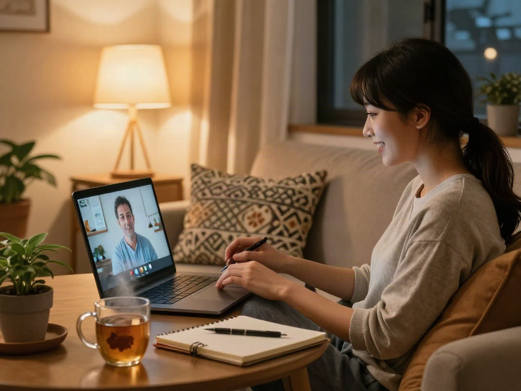 Cozy living room scene showcasing a person engaging in a sex chat ai video conversation.