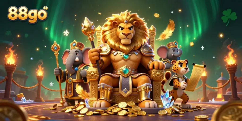 Join the excitement at 88go casino with a fierce lion king, elephant advisor, and cheetah messenger in action.