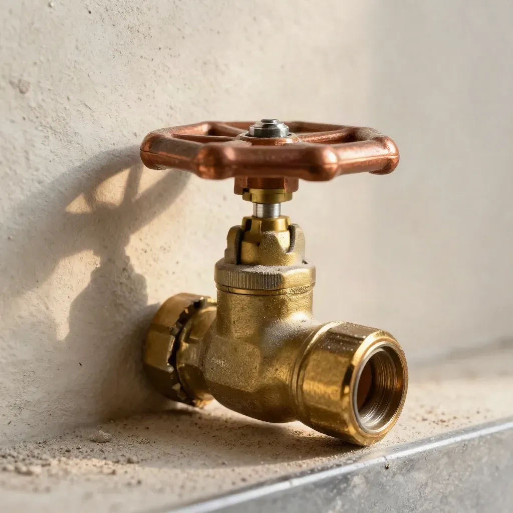 Gas valve handle with copper ring and brass elbow fitting on pale plaster