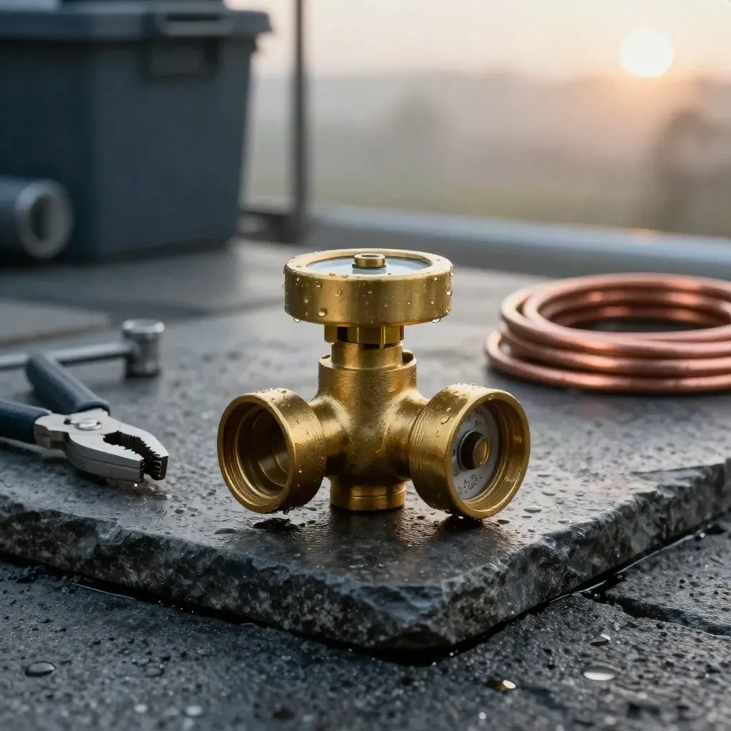 Brass water meter, valve key, pliers and copper pipe on wet stone in dawn haze