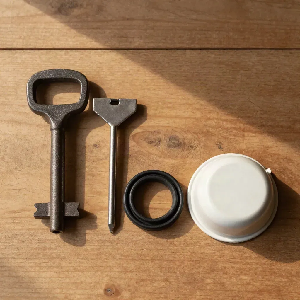 Top-down still life of a street-key, marker pin, rubber seal, and utility cap on warm wood.