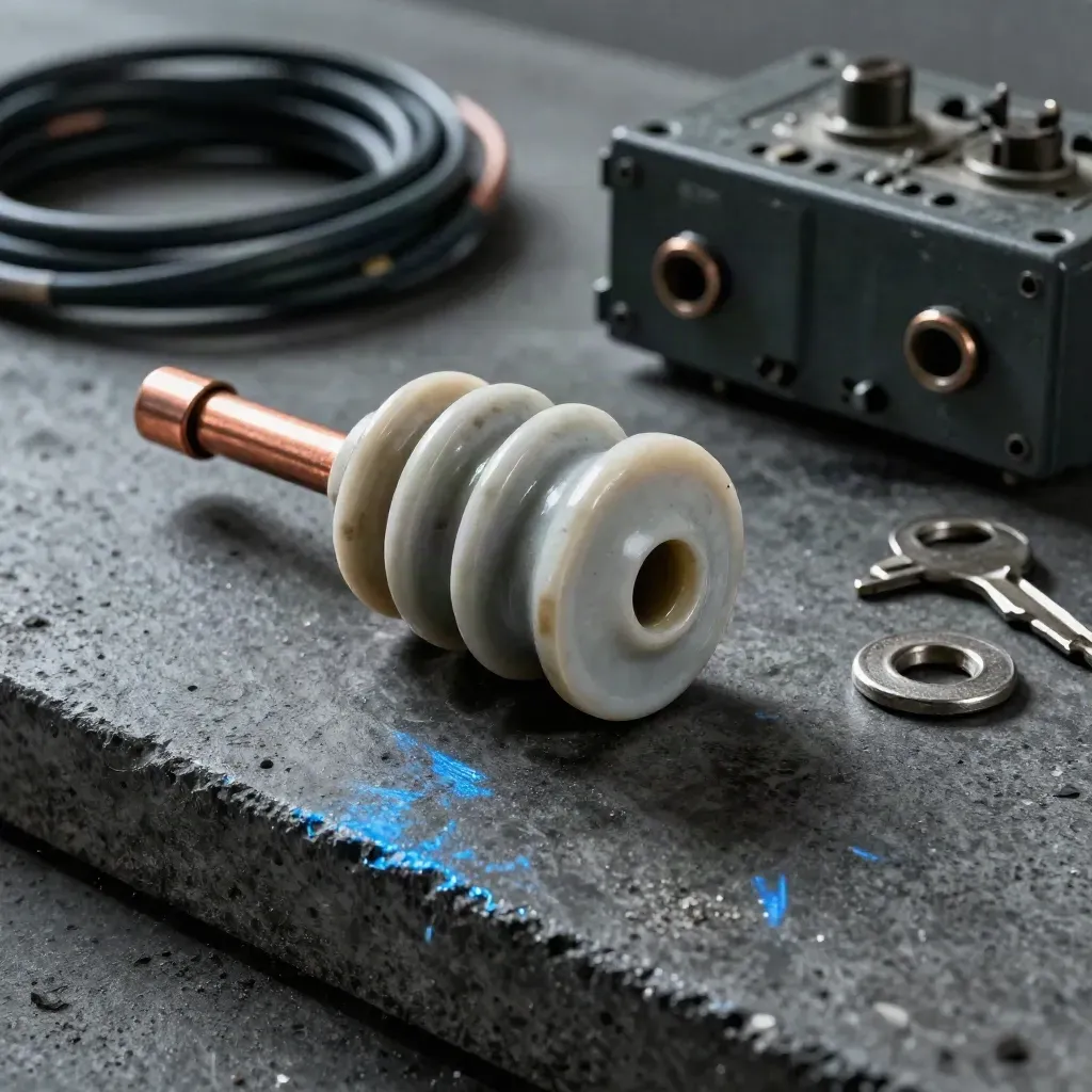 Electrical insulator, busbar, fuse carrier and washer on dark concrete with blue accent.