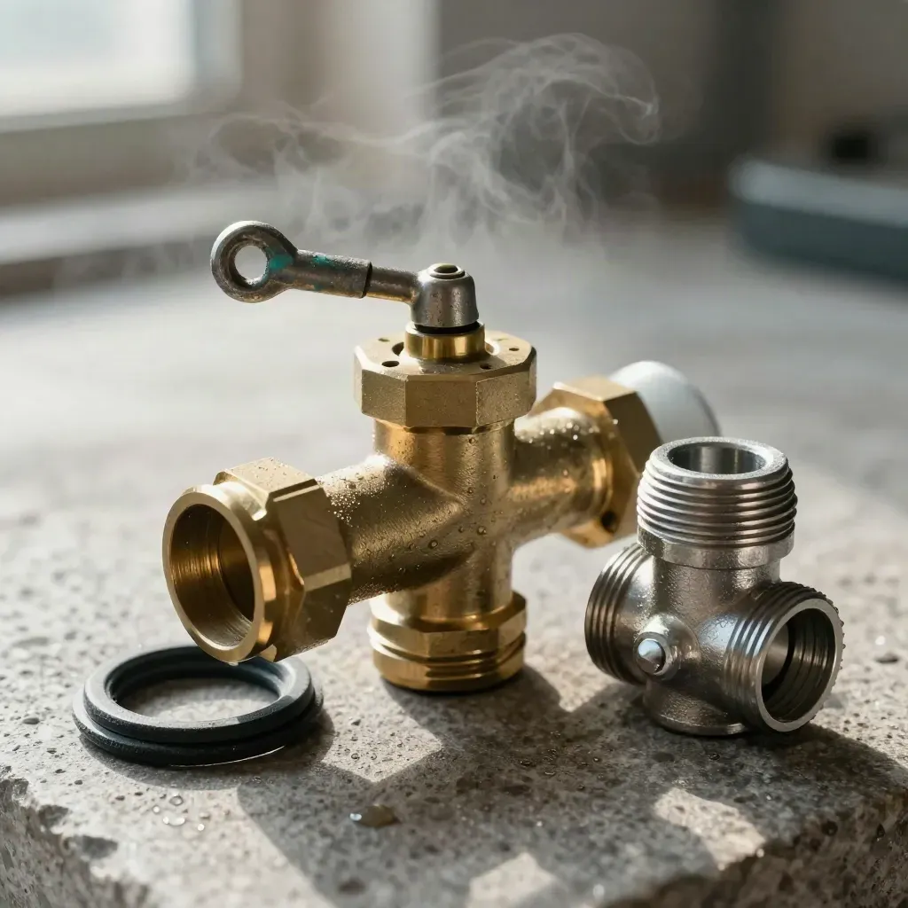 Brass meter housing, stopcock key, gasket ring and pipe union on stone with soft mist