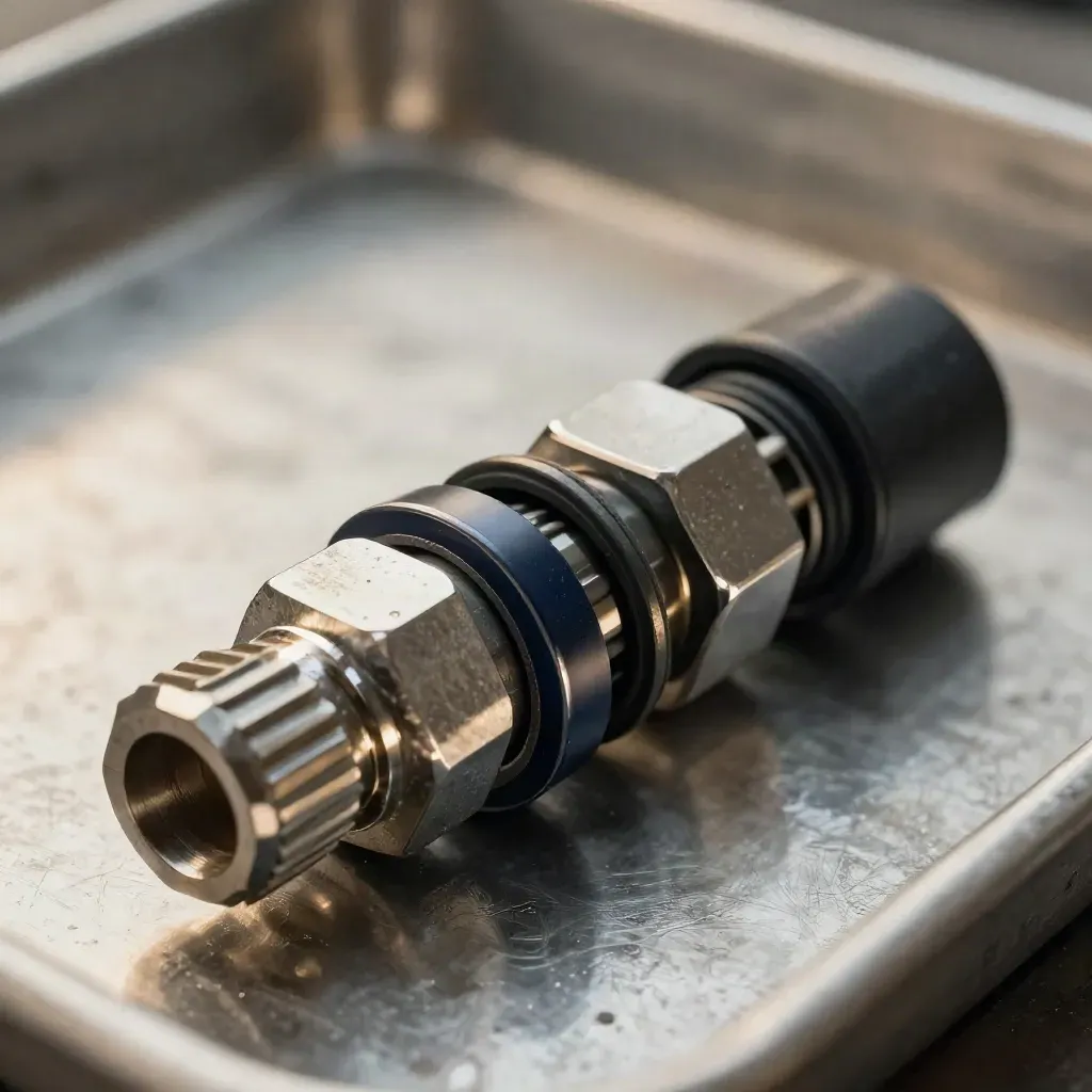 Extreme macro of pipe clamp, hose tail, hex coupler and rubber collar on brushed metal.