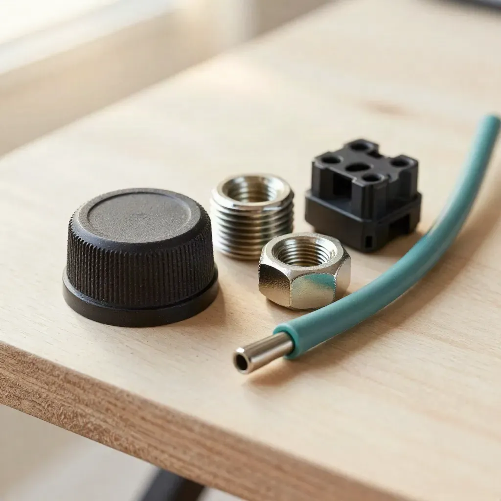 Electrical connector kit on pale wood with soft teal accent and dramatic studio light.
