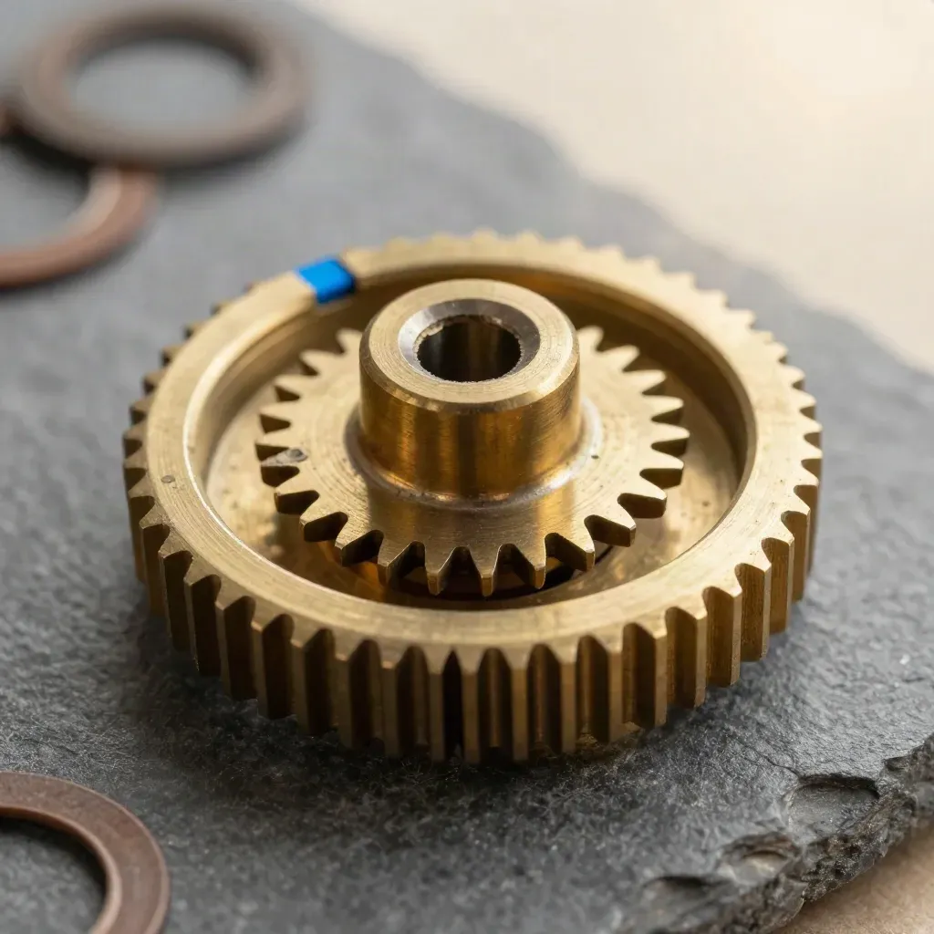 Brass meter gear, coupling ring, and gasket washers in a tight overhead macro still life.