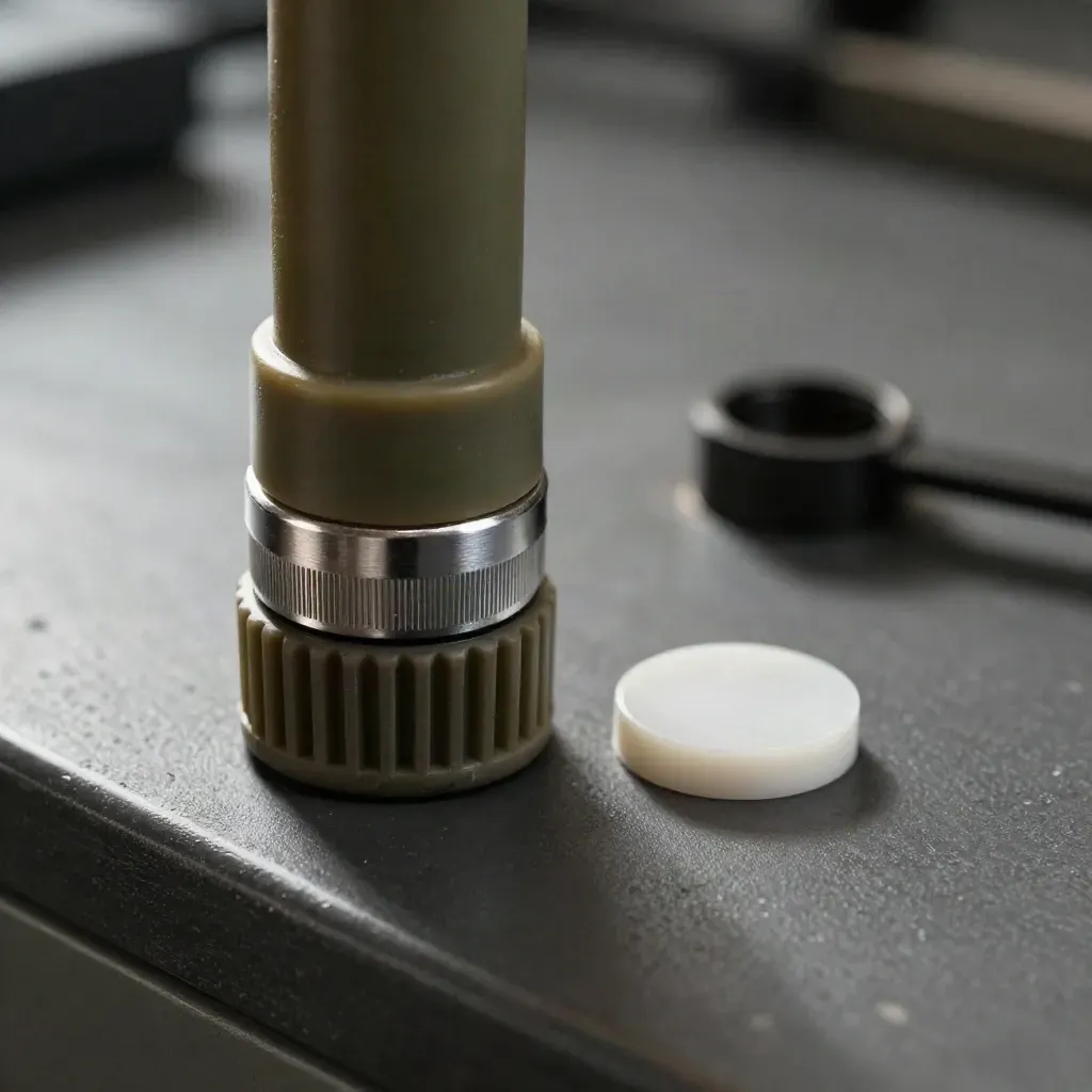 Macro of a meter-reading probe, rubber boot and calibration puck on a graphite utility bench