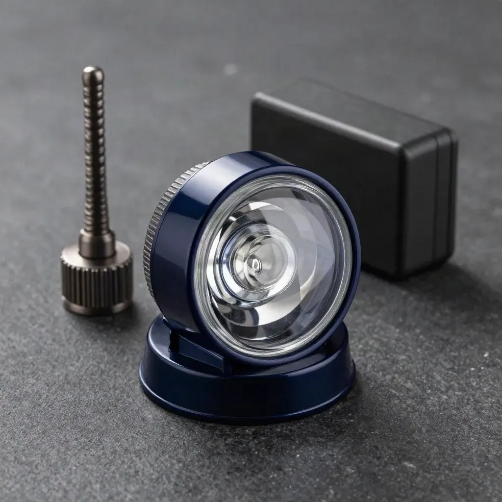 Beacon lens, radio antenna base and battery block on dark stone in dramatic rim light.