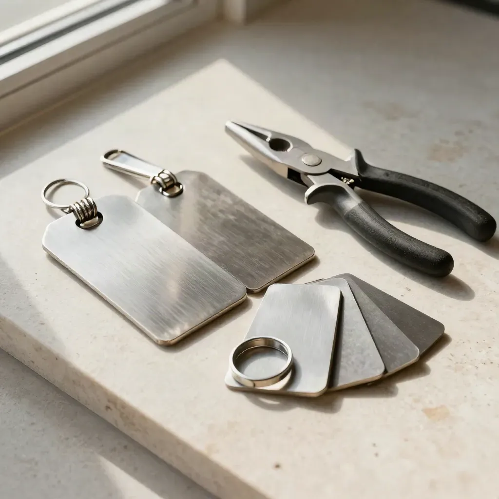 Blank metal job tags, pliers, spring clip, and marker discs on pale stone.