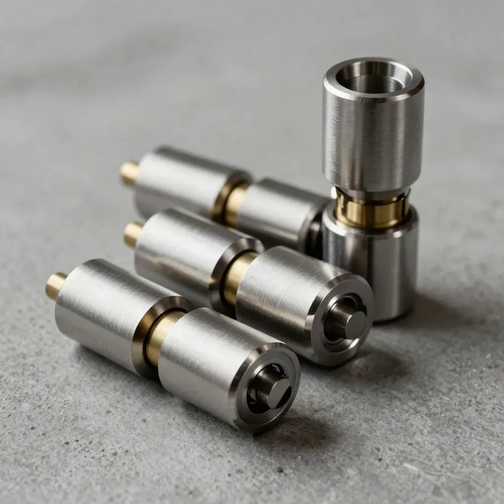 Three stainless gauges with a brass spacer arranged diagonally on cool concrete.