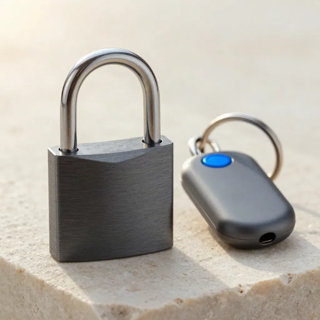 Open padlock, blank key fob shell and blue access ring on pale stone.