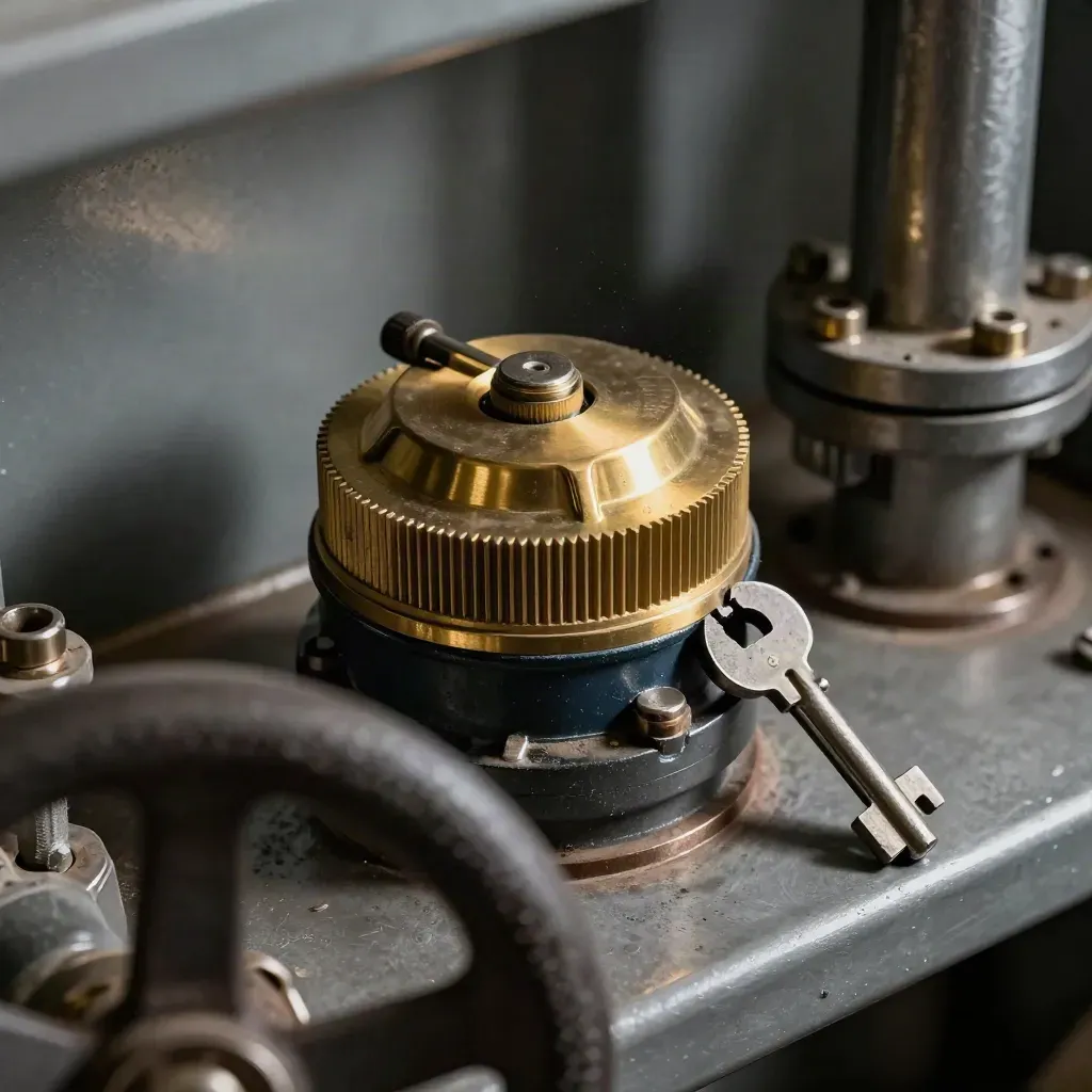 Brass tariff wheel, seal pliers and meter key behind a blurred pipe flange