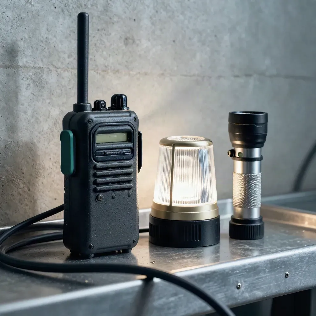 Radio cradle, outage beacon lens and waterproof torch on a utility tray in workshop haze