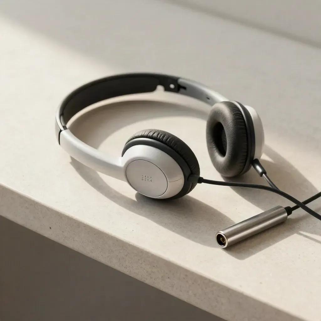 Top-down still life of headset, handset cradle and line tester on pale stone.