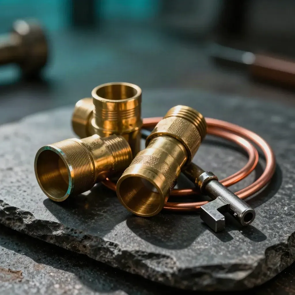 Brass service seals, pipe key and copper capillary on dark stone with teal accent
