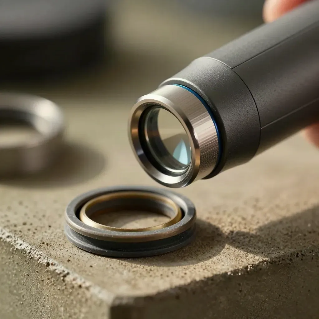 Optical meter-reading head, gasket and ring gauge on khaki concrete with blue rim light.