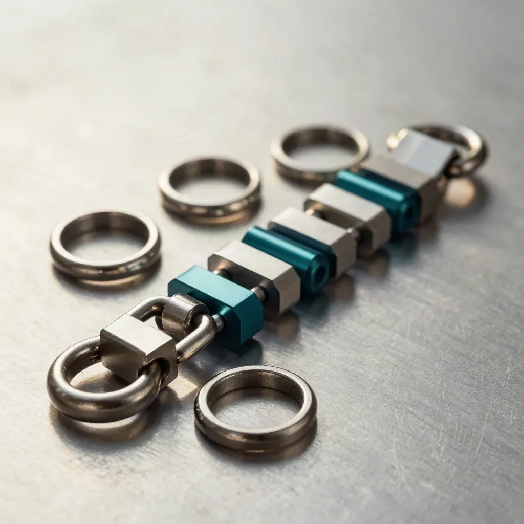 Overhead macro of linked steel rings, machined lugs and modular blocks on brushed metal.