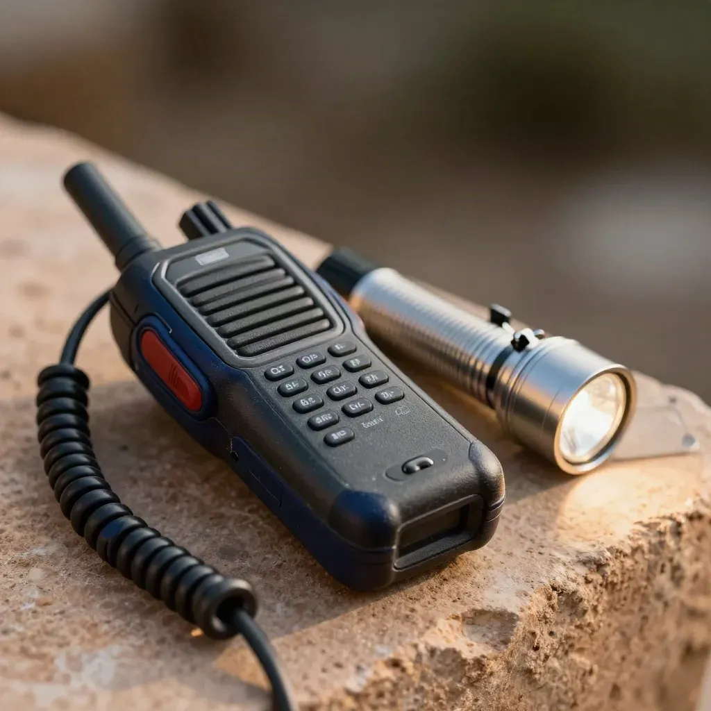Radio handset, work torch, and clip tag on a warm stone ledge in dark bokeh light