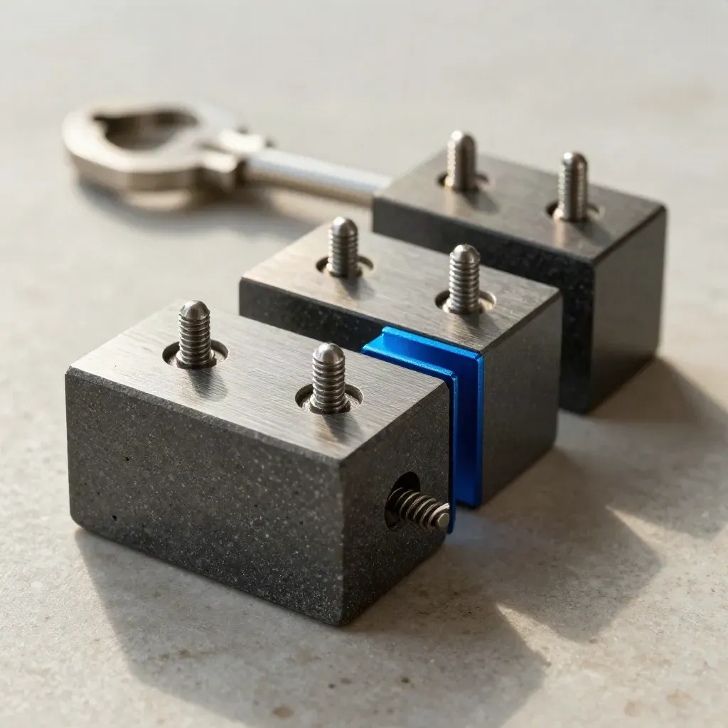 Dovetail blocks, alignment pins, and a spring clip on pale stone in dramatic studio light.
