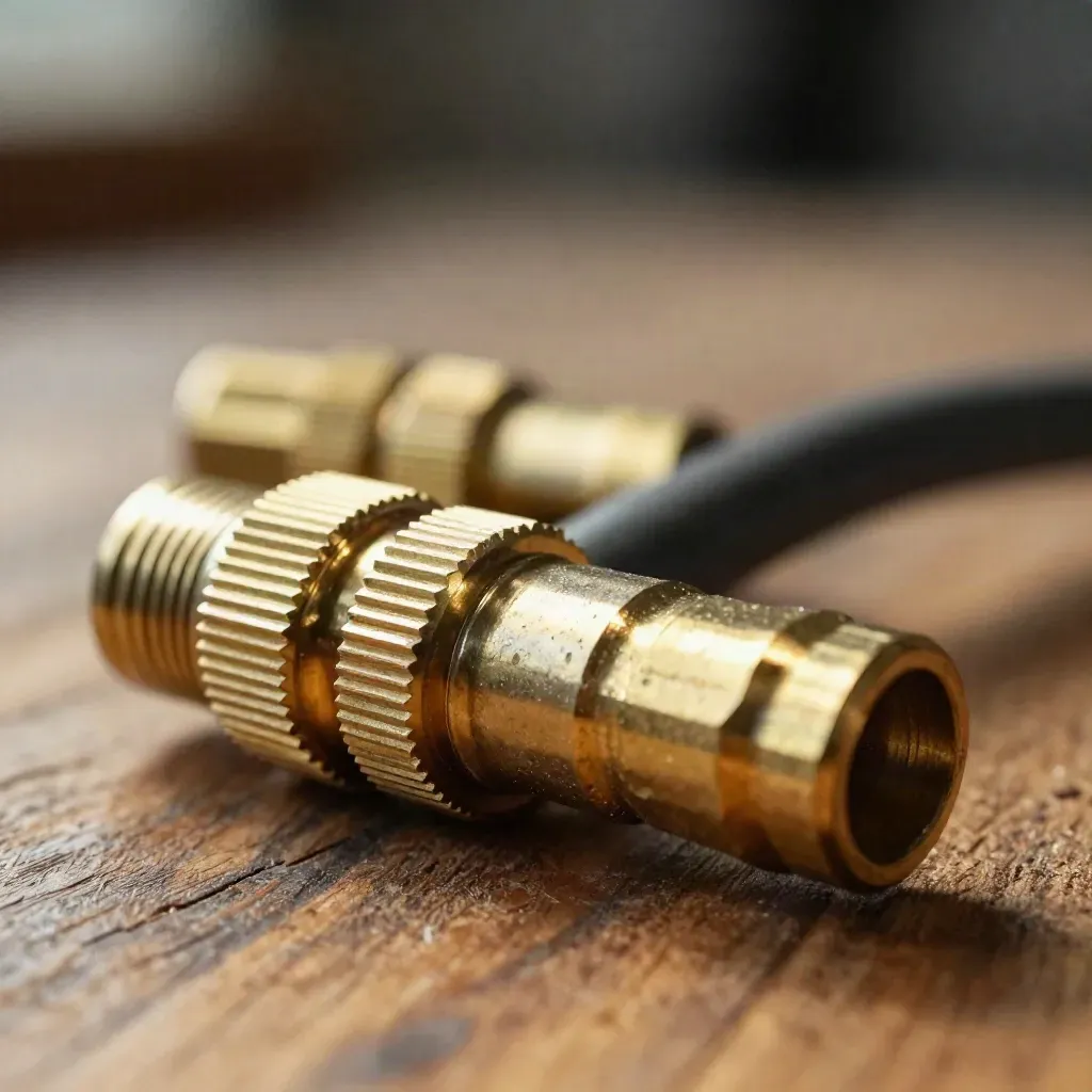Brass ferrules and a cable connector on warm wood, shot in a tight diagonal macro.