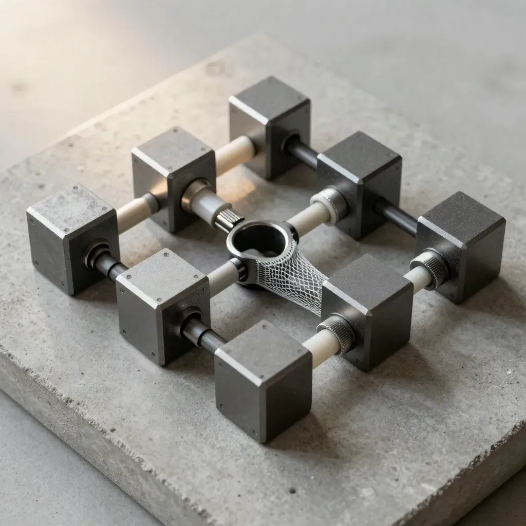 Graphite connector cubes and mesh sleeve on concrete in a premium overhead still life.