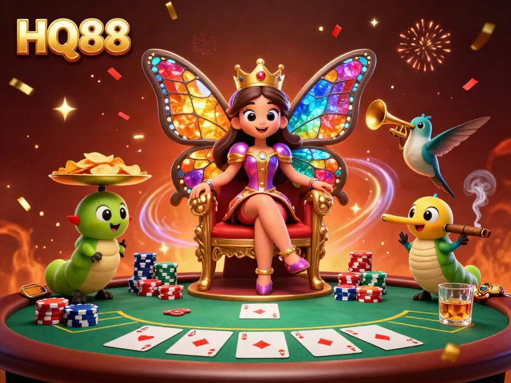 Experience winning moments at HQ88 with a vibrant butterfly queen and poker elements.