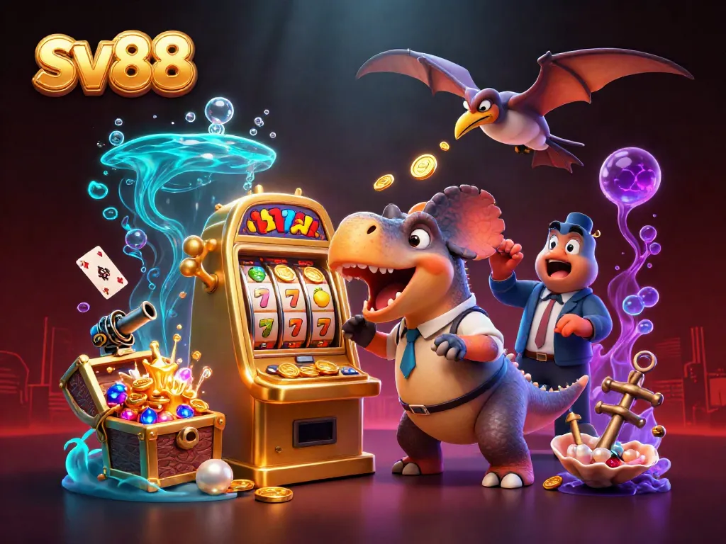 sv88 jackpot scene with dinosaur characters and golden coins in a casino setting