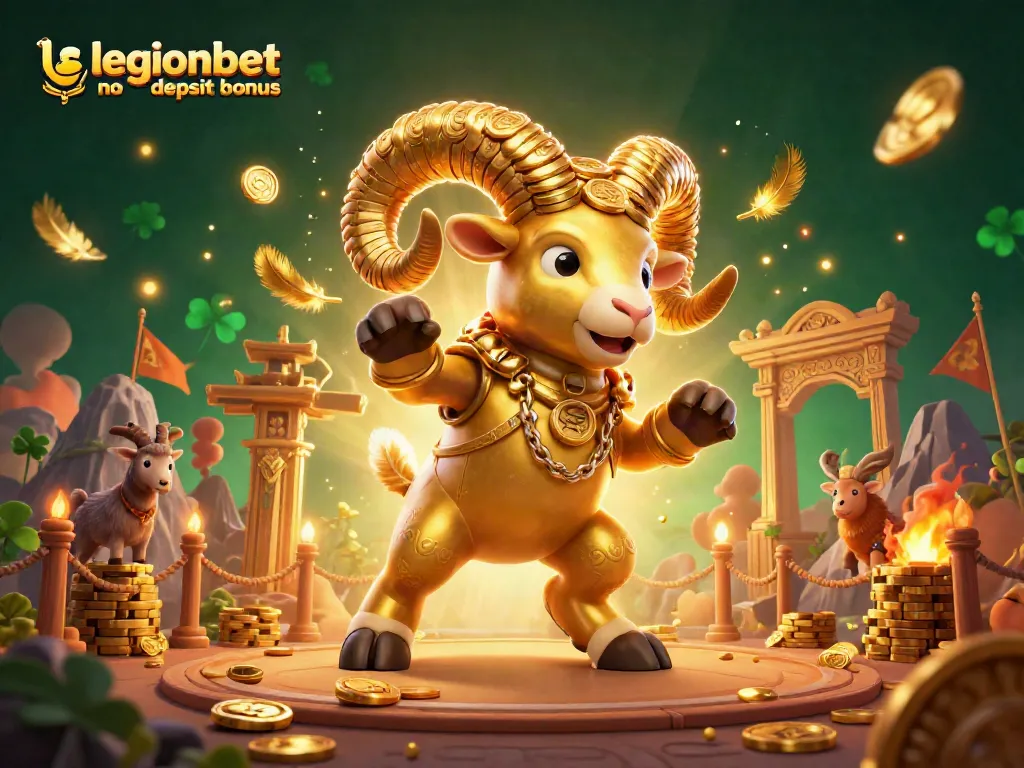 Engage with the legionbet no deposit bonus in a vibrant 3D casino illustration featuring a golden ram.