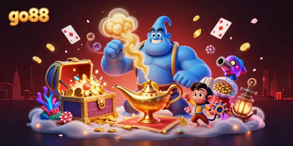 Experience the excitement of go88 with a cartoon scene featuring a colorful genie and magic carpet.