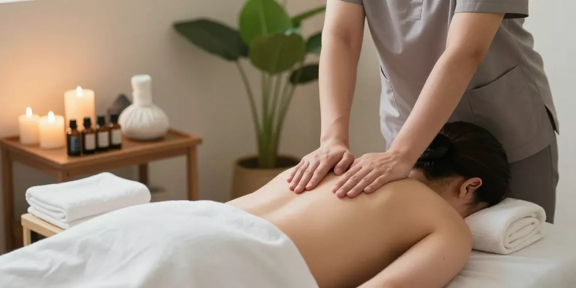 Expert 천호동출장마사지 being provided in a tranquil home setting with candles and essential oils.