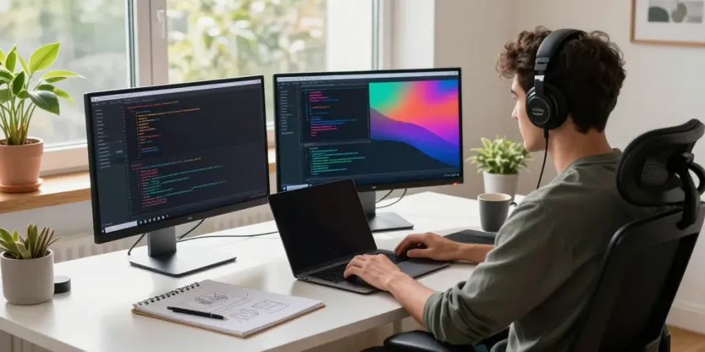 Developer engaged in instant indexing tasks at a tech workspace filled with monitors and gadgets.