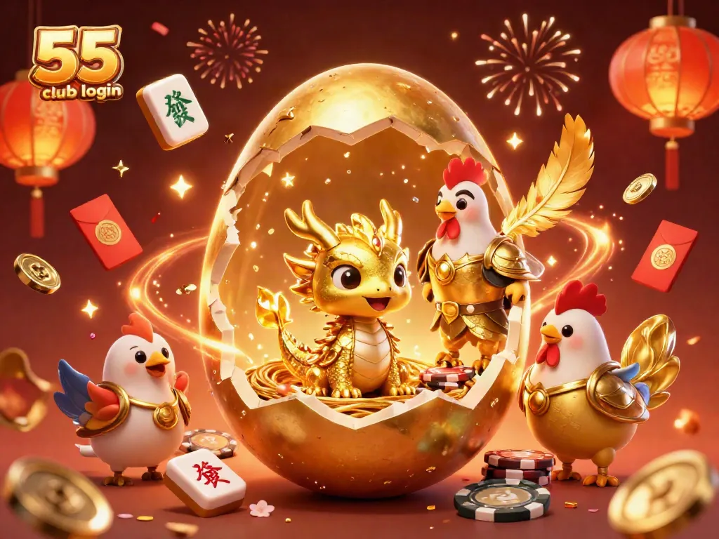 Exciting 55 club login scene showing a golden egg and dragon on poker chips among rich casino elements.