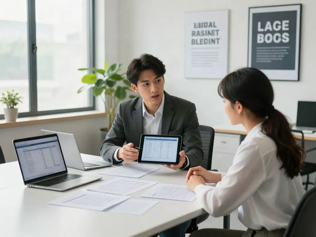 Consultant explaining Red Deer loans to couple in modern office environment.