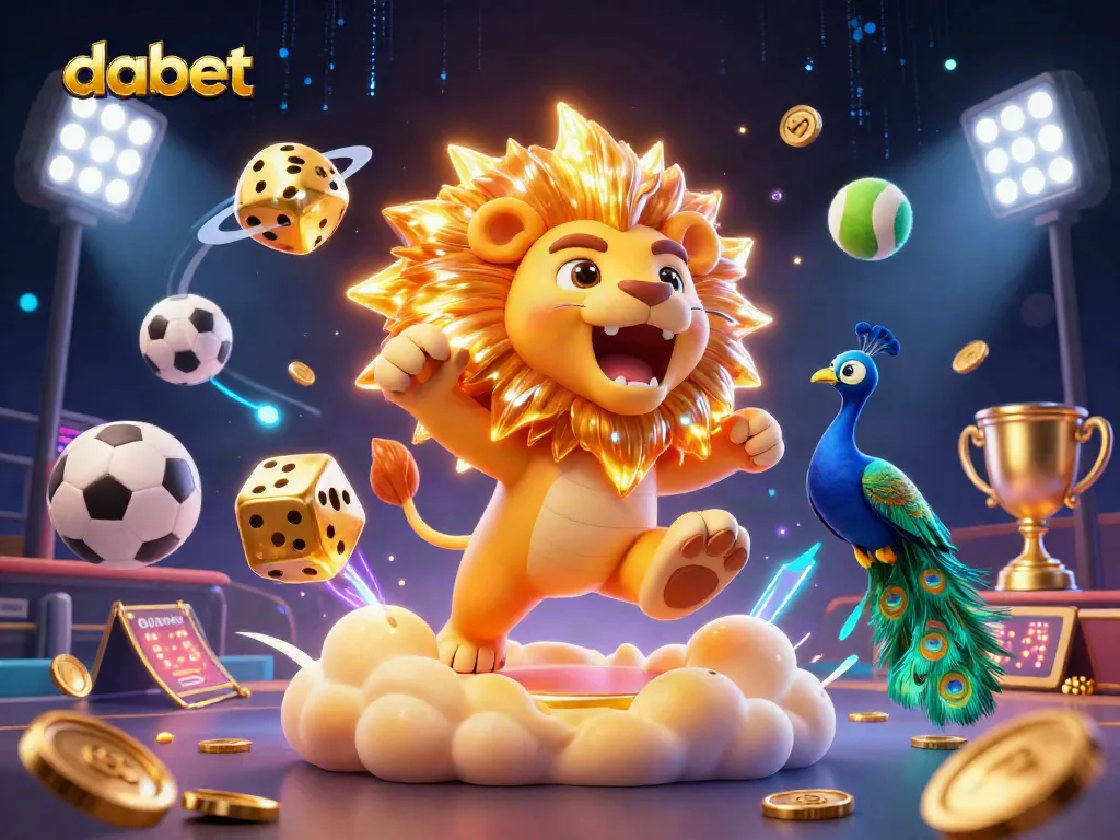Dabet showcases thrilling sports betting action with a lion and golden dice in a vibrant casino scene.
