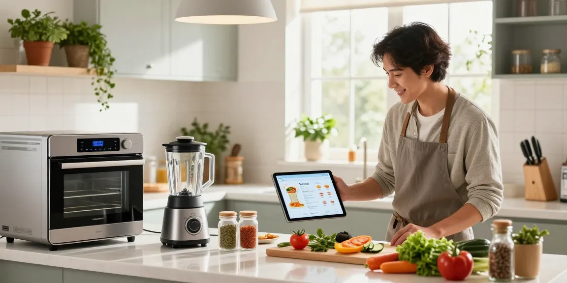 AI cooking gadgets in a modern kitchen with fresh ingredients and a recipe tablet enriching the cooking experience.