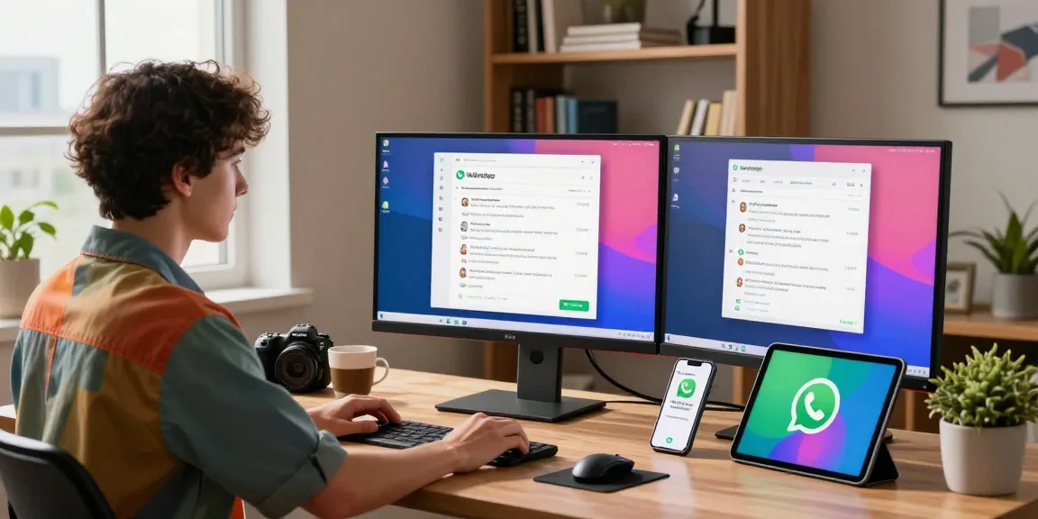 Engaging with WhatsApp網頁版 in a stylish home office, showcasing modern tech use.