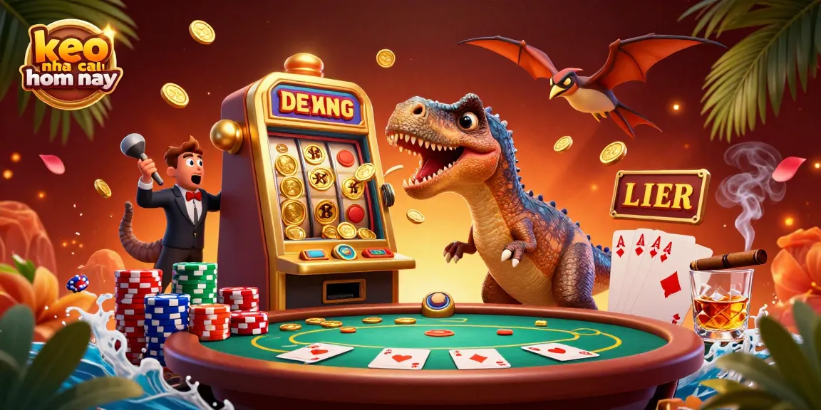 Exciting scene with keo nha cai hom nay showing a dinosaur winning jackpot coins from a golden slot machine amid vibrant casino elements.