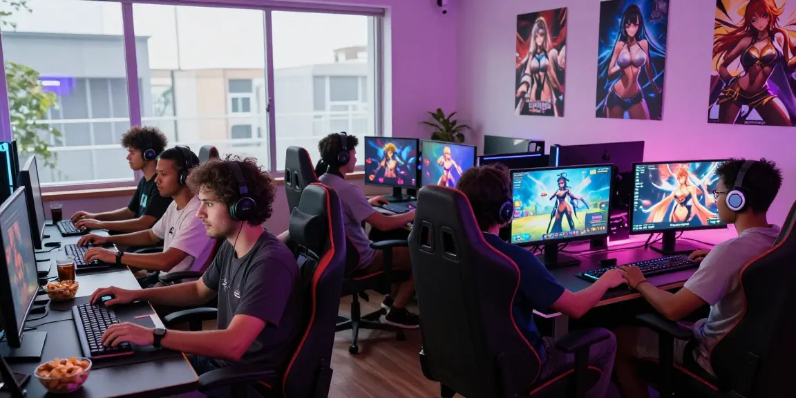 Group of gamers enjoying AI hentai games in a vibrant gaming setup