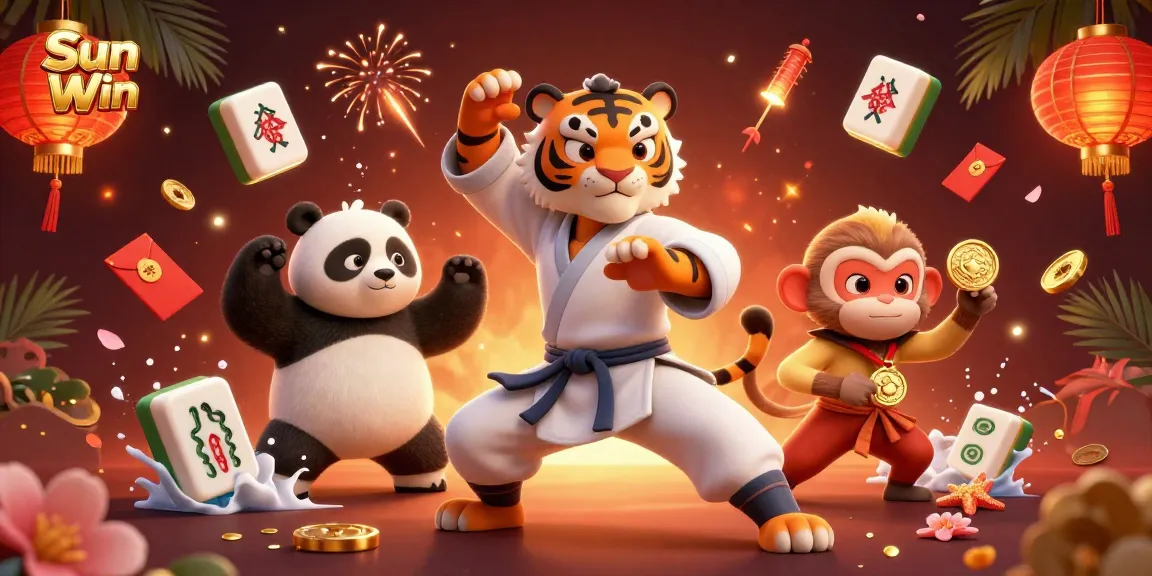 Experience the thrill of Sun Win as a kung fu tiger, panda, and monkey celebrate on a vibrant gaming backdrop.