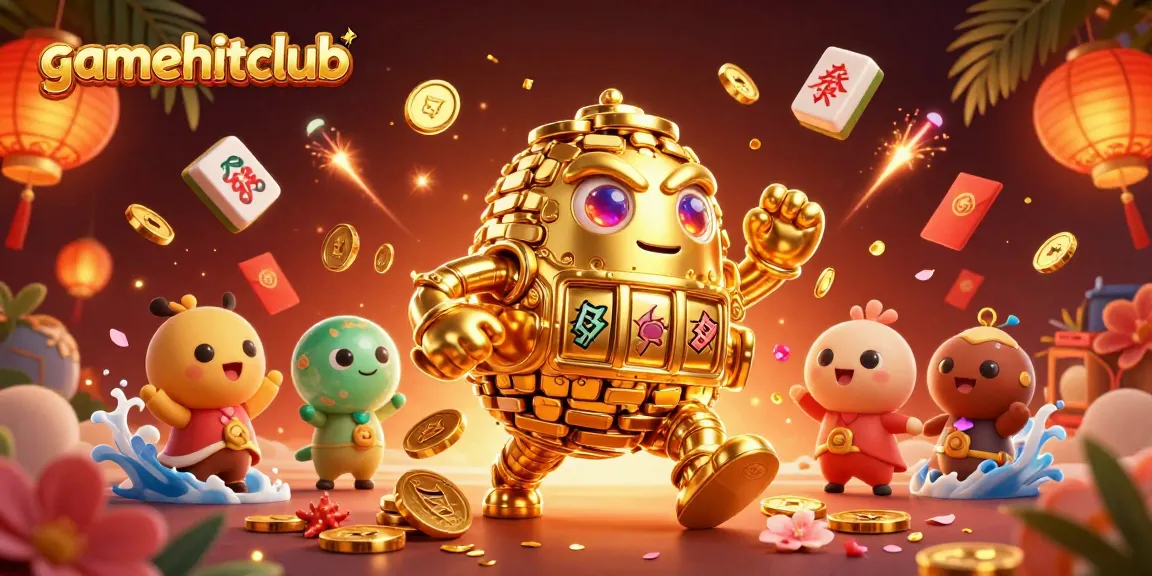 Experience the excitement at gamehitclub with a stunning 3D illustration of a golden golem and vibrant casino elements.