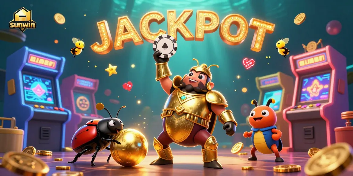 Experience Jackpot excitement with Sunwin in a vibrant, colorful 3D casino scene showcasing victory elements.