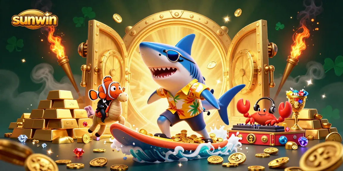 Surf thrilling games at sunwin with engaging 3D characters amidst waves of gold coins and treasures.